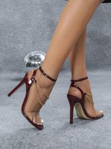 Women's Transparent Glass Buckle Strap Metal Chain Square Open Toe High Heel Sandals, Elegant Luxurious Fashion Party Sexy Burgundy High Heels