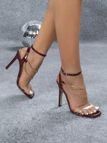 Women's Transparent Glass Buckle Strap Metal Chain Square Open Toe High Heel Sandals, Elegant Luxurious Fashion Party Sexy Burgundy High Heels