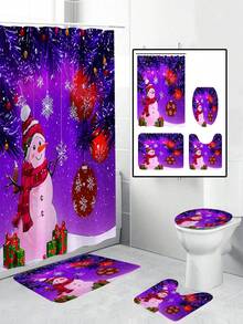 4 件套圣诞雪人浴室窗帘套装，防水浴帘，带 12 个挂钩，浴垫，U 型马桶盖，浴室配件，圣诞装饰 - 紫色雪人A款 - 查看 3
