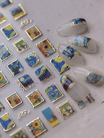 1pc Colorful Sunflower & Starry Sky Impression Embossed Nail Art Sticker, Shiny Rhinestone Nail Decals, DIY