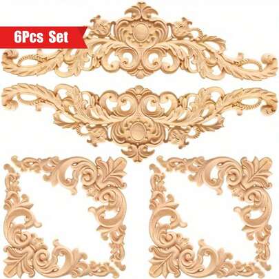 Set da 6 pezzi di eleganti applicazioni in legno - Cornici con angoli scolpiti in stile europeo vintage e adesivi intarsiati per la decorazione della casa, ottimi regali