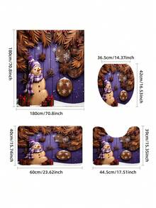 Bộ 4 rèm phòng tắm hình người tuyết Giáng sinh, rèm tắm chống thấm nước có 12 móc, thảm tắm, nắp bồn cầu hình chữ U, phụ kiện phòng tắm, đồ trang trí Giáng sinh - Phong cách người tuyết màu tím H - Xem 2