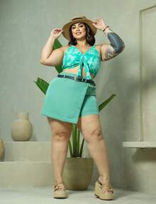 Short Saia Cibely Plus Size - Verde Menta - Visão 2