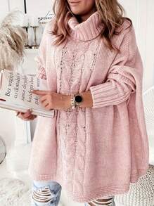 Plus Size Casual Loose Solid Color Turtleneck Knit Pullover Sweater, For Winter - Pink - View 1
