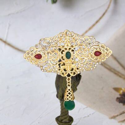 1 pieza Broche elegante de mujer, incrustado con rhinestones de colores, patrón floral árabe hueco, colgante de gota de agua, pasador para fiesta de boda marroquí de mujer