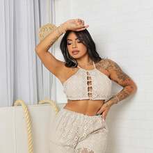 Top And Wide Leg Pants Set With Fishnet Detail Shell Summer Beach New Year's Eve - 米色 - 查看 1