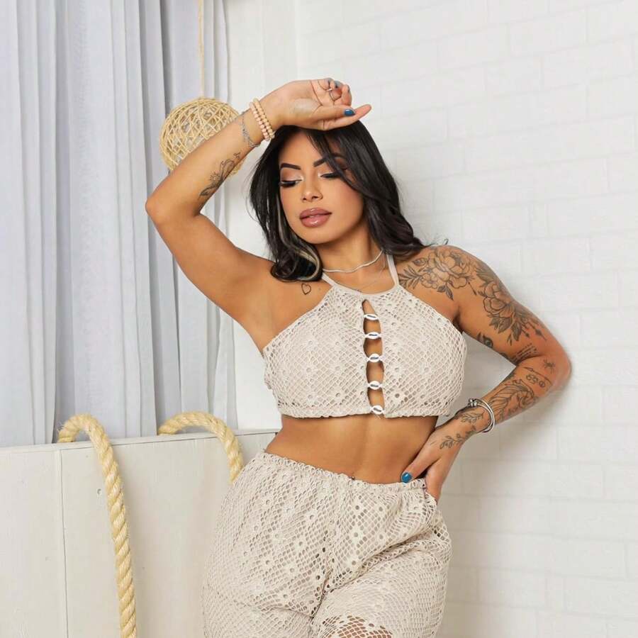 Top And Wide Leg Pants Set With Fishnet Detail Shell Summer Beach New Year's Eve - 米色 - 查看 1