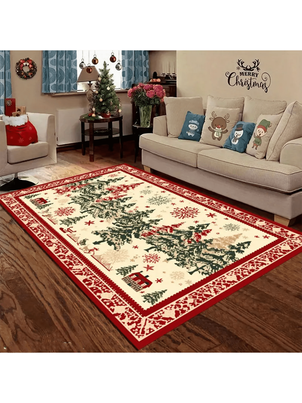Kerstthema vloerkleed - Zachte imitatie kasjmier met antislip achterkant, polyestervezel vloerkleed voor binnen/buiten, machinewasbaar tapijt voor eetkamer, woonkamer, slaapkamer, balkon