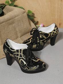 欧美风格印花高跟鞋，时尚前卫且耐用，厚扁平带，穿脱方便 - 黑色 - 查看 3