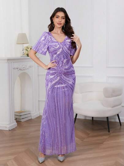 Women's Sequin Decor V-Neck Evening Gown, Semi Formal Prom Dress, For Birthday, Wedding Guest, Graduation Homecoming