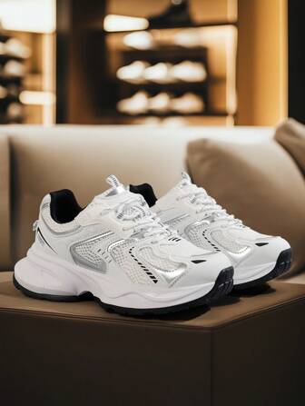 女士银色厚底运动鞋，2025春季新款时尚轻便厚底百搭透气休闲运动鞋