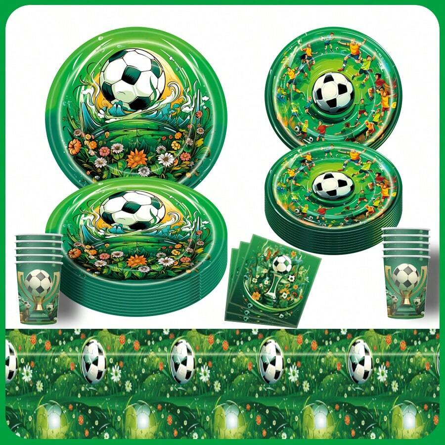 51 件世界杯主题餐具、世界杯装饰、足球派对装饰、一次性餐具、生日套装、派对用品、派对装饰、桌面装饰、一次性纸盘、杯子、盘子、桌布 - 彩色 - 查看 1