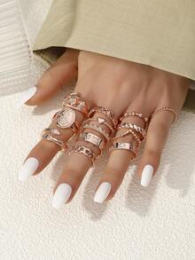 Juego de 13 anillos de diseños surtidos que incluyen hongos, gatitos, serpientes, retorcidos y con forma de corazón para damas - Multicolor - Ver 4