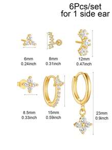 Set de 6 piezas (para 1 oreja) Juego de aretes para mujeres con circonita chapada en oro, accesorios de joyería para vacaciones y fiestas