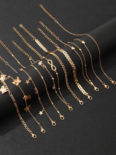 Juego de 9-4 piezas de tobilleras de moda para mujer, diseño versátil con cadena de cuentas de mariposa y cadena con diseño de hueso de serpiente, adecuado para playa, fiesta, vacaciones y uso casual