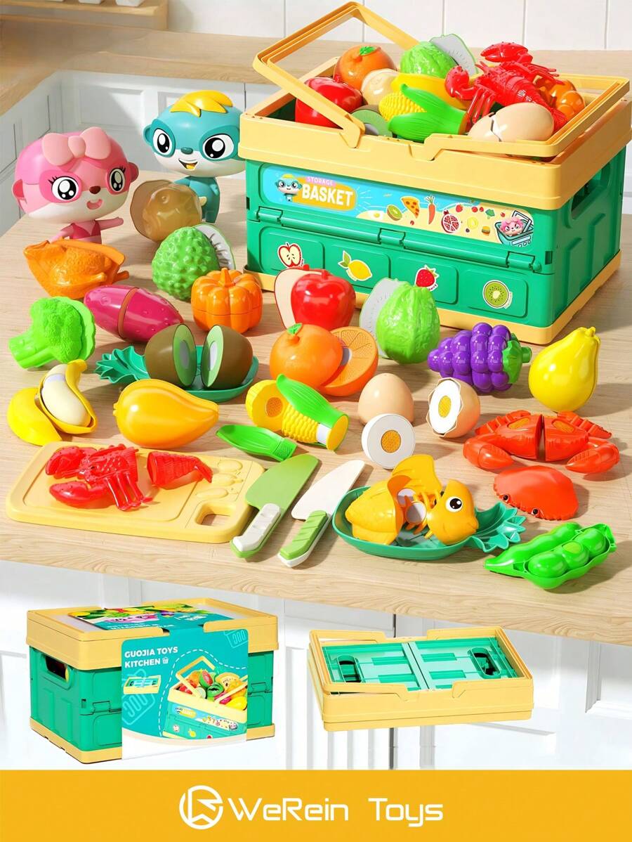 WeRein Realistic Pretend Play Food Toys For Kids - 24PCS Simulated Slicable & Peelable Fruits, Vegetables, Seafood Set With Storage Basket, ABS Plastic Educational Learning Gift For Toddlers (Vibrant Colors, Gift-Ready Packaging - Multicolor - View 1