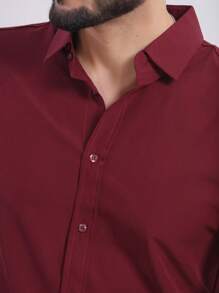 Men's Dress Shirt, LONG Sleeve, Plain With Elastane, Body Fabric, 90% Polyester, 10% Non-Greasy, Easy To Iron - 酒紅色 - 查看 3