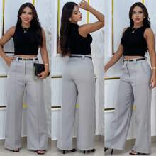 Wide Leg Tailored Dress Pants With Thin Belt - 灰色 - 查看 3
