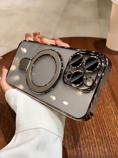 1pc Transparent Electroplated Shockproof Silicone Phone Case With Metal Sliding Stand/Shockproof Phone Case, TPU Material, Suitable For IPhone 15 Pro Max/16 Pro Max/16 Pro/11/12/13/14 Pro Max/14 Pro/13 Pro Max/16, 17, 17 Pro, 17 Pro Max/S24/S24 Ultra/S25/S25 Ultra, Supports Wireless Magnetic Charging