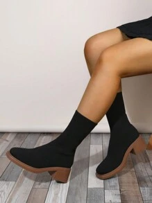 New Women Fashion Minimalist Chunky Heel Slip-On Breathable Knitted Ankle Boots And Short Boots