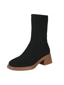 New Women Fashion Minimalist Chunky Heel Slip-On Breathable Knitted Ankle Boots And Short Boots