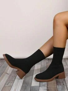 New Women Fashion Minimalist Chunky Heel Slip-On Breathable Knitted Ankle Boots And Short Boots