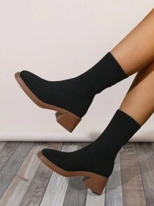 New Women Fashion Minimalist Chunky Heel Slip-On Breathable Knitted Ankle Boots And Short Boots