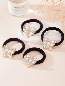 2 dây buộc tóc hình trái tim và hình bướm trang trí đá Rhinestone nhỏ và thanh lịch - Vàng - Xem 1