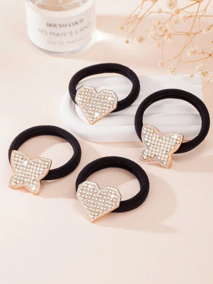 2 dây buộc tóc hình trái tim và hình bướm trang trí đá Rhinestone nhỏ và thanh lịch - Vàng - Xem 1