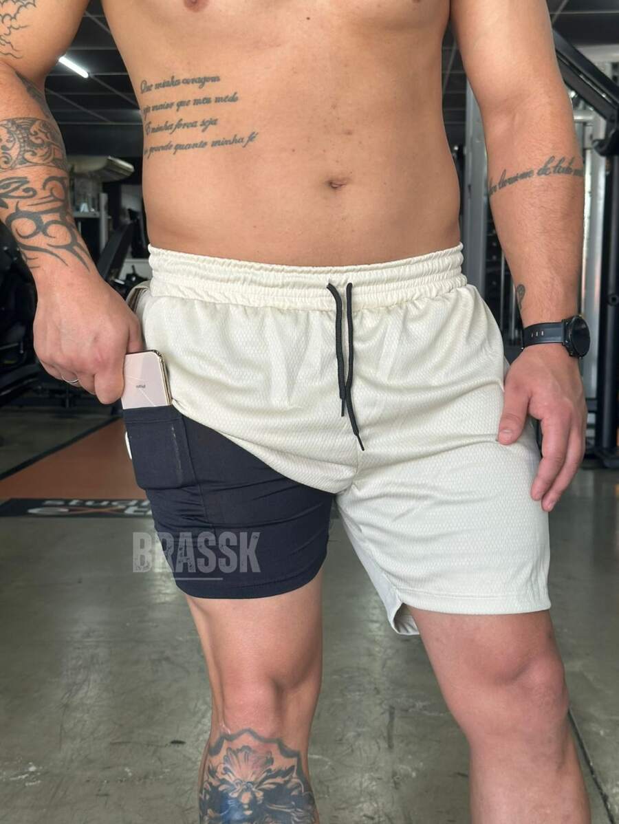 Men's 2 In 1 Dry Fit Lined Bermuda Shorts Gym Running Training With Elastane - 米色 - 查看 1
