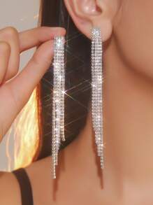 1 par de brincos longos de borla com strass de cristal de 4 camadas e vários fios, brincos pendurados de lustre de cristal brilhante, joias de festa da moda
