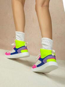 Giày thể thao cổ cao buộc dây thời trang mũi tròn cho nữ màu hồng, xanh và đỏ tía, phong cách Mỹ/Châu Âu, quà tặng Giáng sinh - Nhiều màu - Xem 3