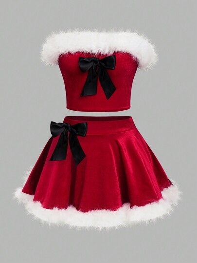 2pcs/Set Women's Christmas Outfit Fluffy Bow Decor Cropped Top And Mini Skirt Suit For Fashion