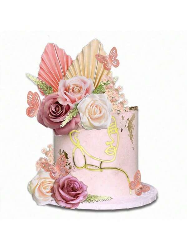 26PCS Boho Cake Toppers With Artificial Plants, Palm Leaves, Artificial Roses, Pink Butterflies And Acrylic Abstract Lines Ladies Face Cake Toppers For Boho Weddings, Birthday Party Supplies, Mother's Day, Holiday Party Celebrations,Baptismal Meeting,Tender And Elegant Pink, White And Gold Cake Decoration (Boho)