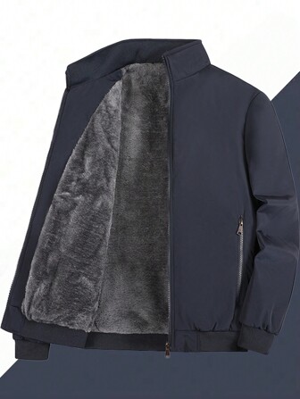 Plus Size Men Long Sleeve Thermal Lined Thick Warm Winter Coat, Casual Business Stand Collar Outerwear, Fall/Winter