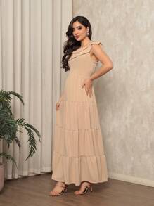 Women's Long Dress In Dune Fabric With Strap Lining, Evangelical Fashion, Christmas Party, New Year 161 - Màu be - Xem 5