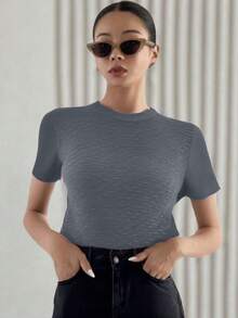 Liu Fashion  Short Sleeve Blouse Elegant Striped Print Details Ribbed Shirt Cool Fabric Cool Casual Round Neck Solid Summer Spring - 灰色 - 查看 2