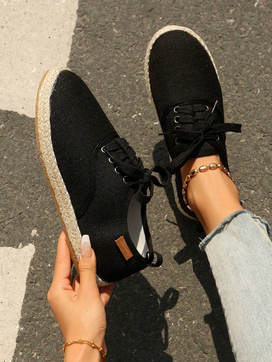Zapatos planos casuales de estilo nuevo para mujer con puntera redonda, de lino y cuerda, de tipo slip-on - Negro - Ver 1