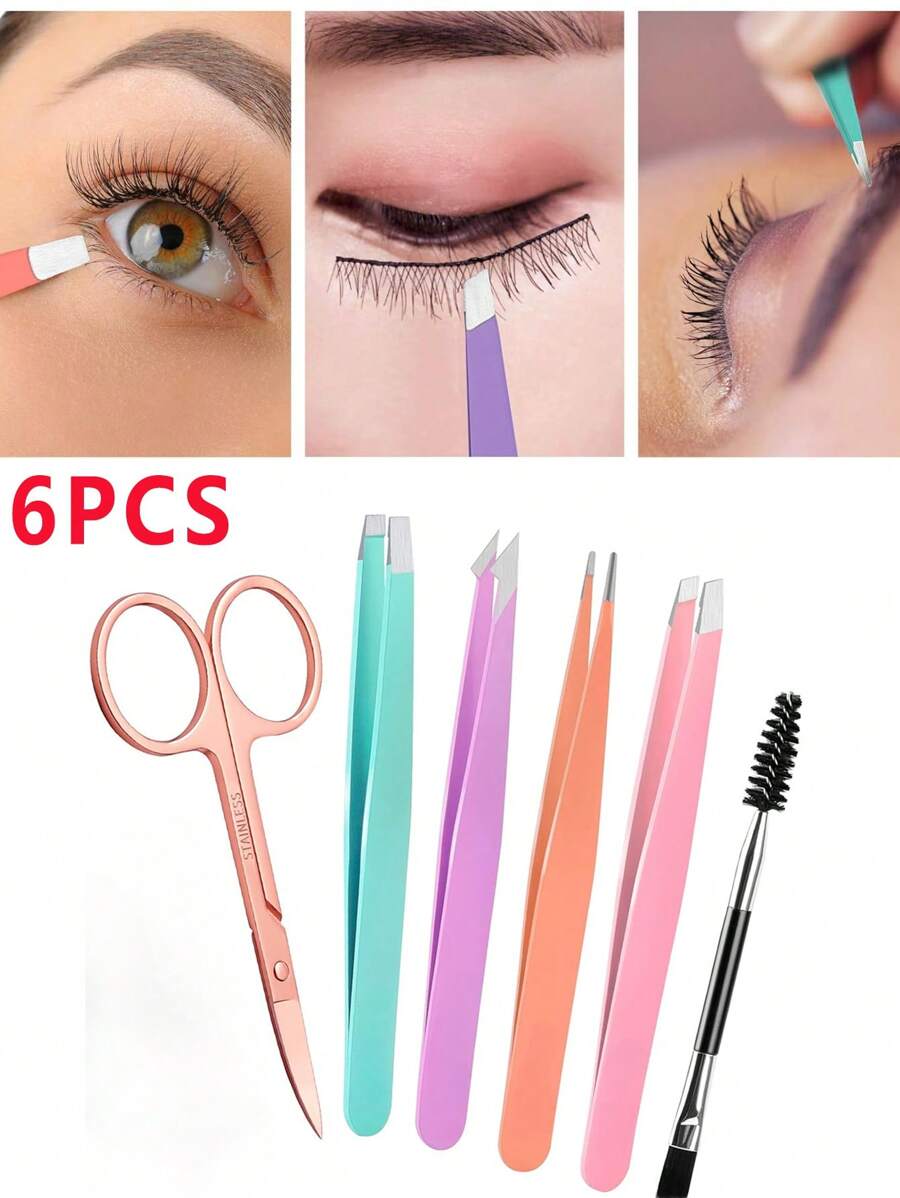 Bộ 6 nhíp nhổ lông mày, nhíp nhổ lông mặt cho phụ nữ, nhíp thép không gỉ chuyên nghiệp cho phụ nữ, nhíp nhổ lông mày chính xác, lông mọc ngược, lông mặt - Nhiều màu - Xem 1