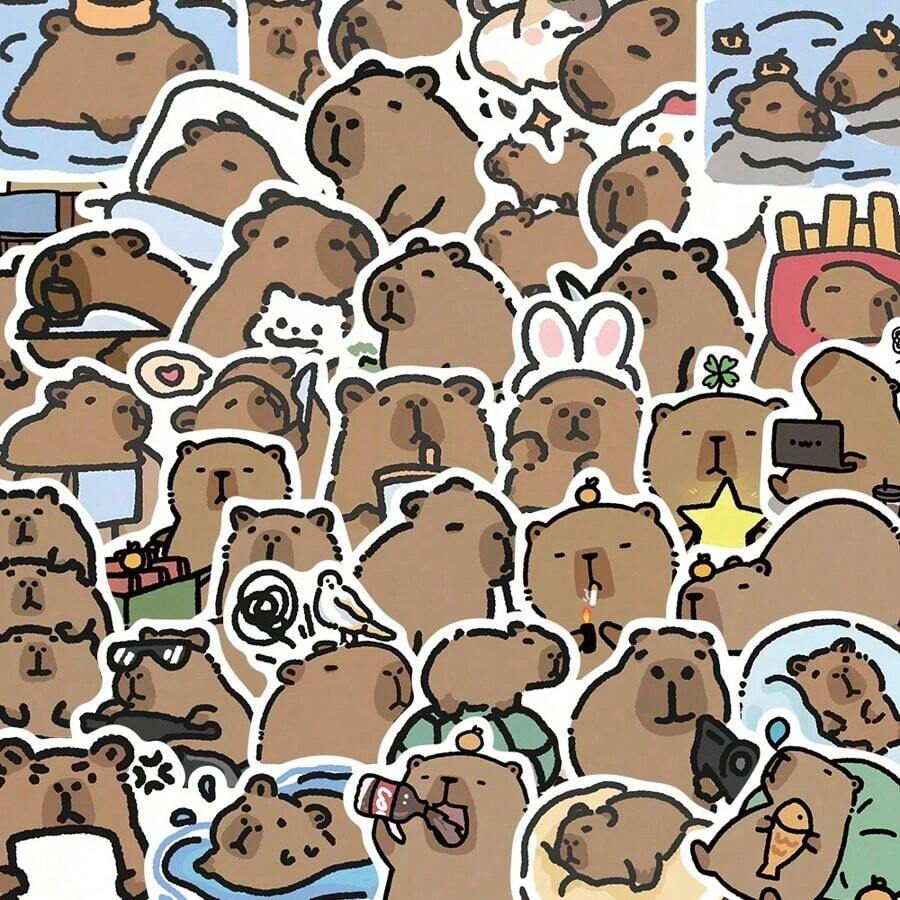 Set de 62 pegatinas de dibujos animados de Capibara aptas para botellas de agua, bolsas de regalo, cuadernos, tabletas, decoración de autos, decoración DIY de teléfonos, decoración de muebles, Navidad, Halloween, decoración de fiestas, regalos de vacaciones (color y patrón aleatorios)