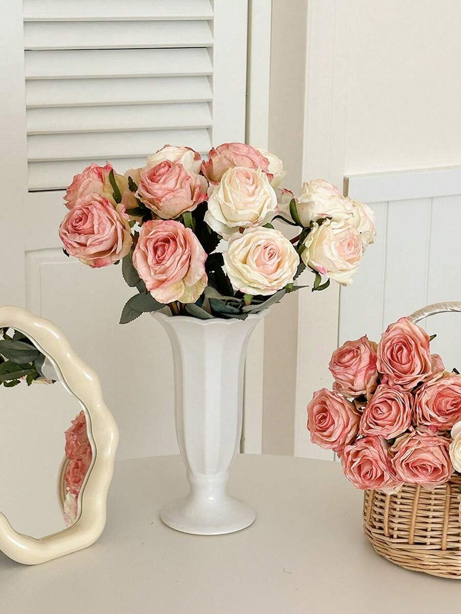 1 Bundle 7 Pcs Artificial Rose Flowers, Fake Floral Bouquet For Wedding