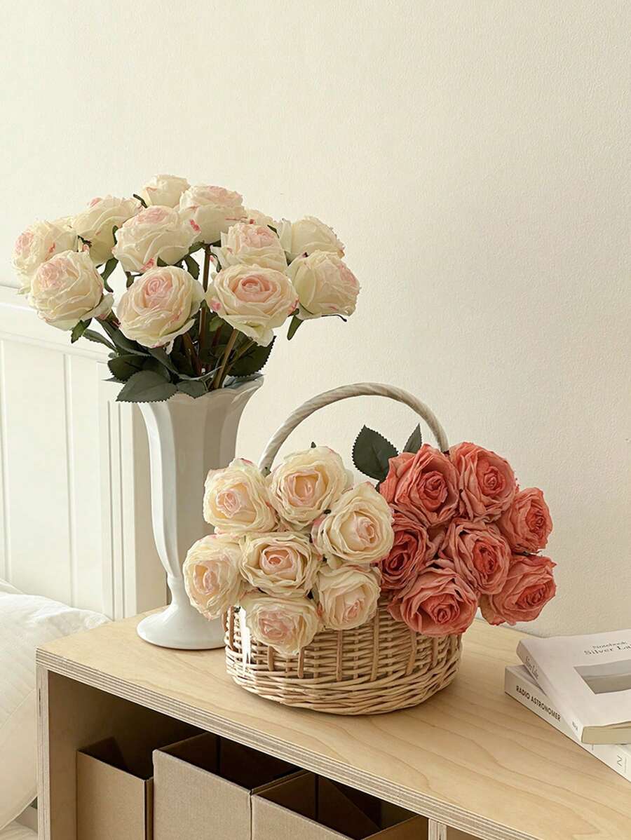 1 Bundle 7 Pcs Artificial Rose Flowers, Fake Floral Bouquet For Wedding