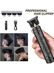 1 件男士充电式电动理发器，采用 ABS 制成，带有龙凤图案，无线便携，适合专业理发师居家/旅行使用 - 黑色 - 查看 1