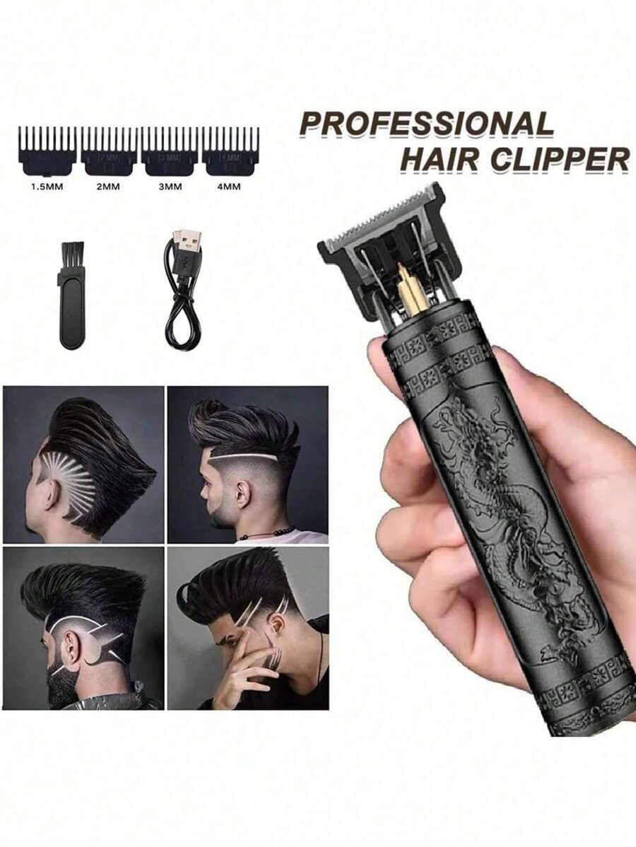 1 件男士充电式电动理发器，采用 ABS 制成，带有龙凤图案，无线便携，适合专业理发师居家/旅行使用 - 黑色 - 查看 1