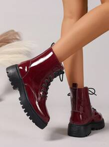 Women's Fashionable Versatile Lacquered Leather Soft Comfortable Lace-Up Warm Plush Boots, Available In Beige, White, Blue, Red, Black, Suitable For Spring, Autumn And Winter,Boots For Women - Burgundy - View 7