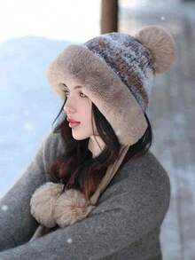 1 件女式流苏针织毛绒绒球帽，温暖厚实的防风护耳帽，可爱的街头服饰优雅复古休闲时尚，适合大头围，适合户外散步、滑雪、骑自行车、旅行、派对和日常使用 - MM1925 - 查看 13