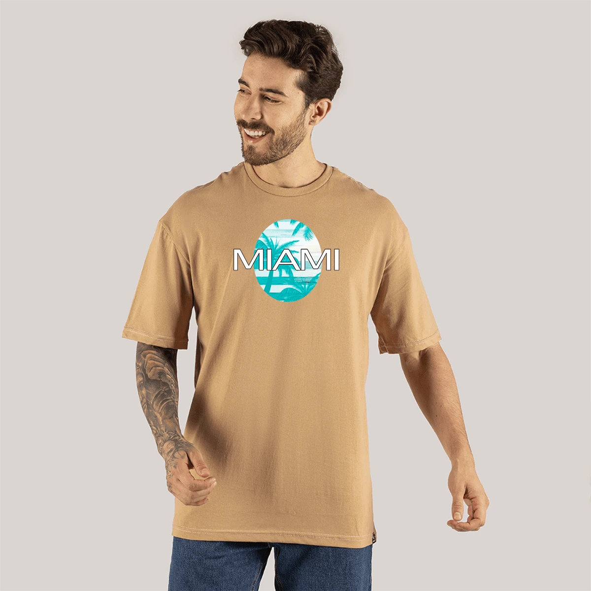 Miami Comb Printed T-Shirt Cotton Comfortable Oversize Long Sleeve Blouse - Màu be - Xem 1