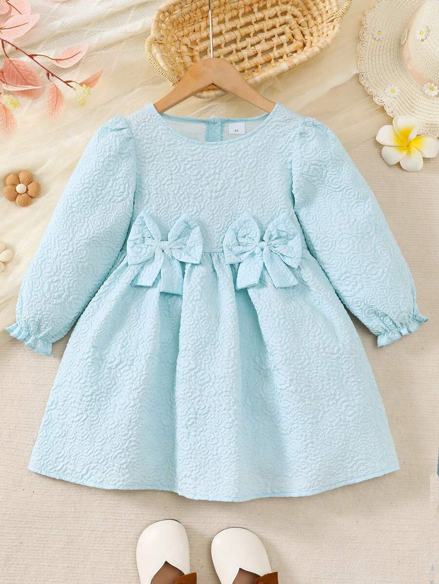 Abito in maglia jacquard a maniche lunghe e mezzo cardigan con bottoni per ragazze, tinta unita con fiocco, abito casual per bambine di 4-7 anni, adatto per l'uso quotidiano in autunno/inverno