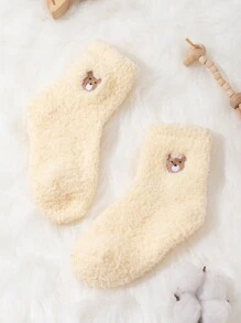 1 Đôi tất chống trượt ấm áp thêu hình chú gấu hoạt hình dễ thương dành cho trẻ em, sản phẩm không thể thiếu trong mùa thu/đông - Màu vàng - Xem 1