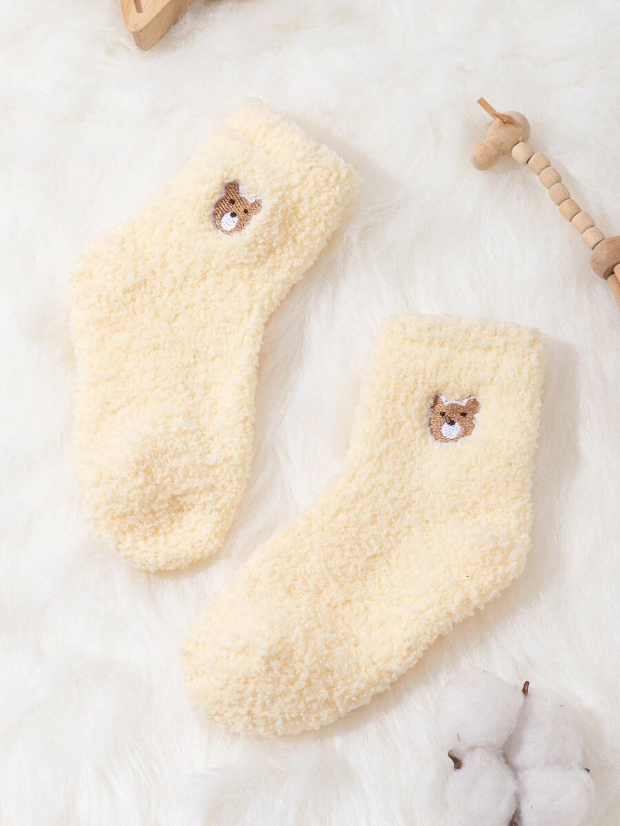 1 Đôi tất chống trượt ấm áp thêu hình chú gấu hoạt hình dễ thương dành cho trẻ em, sản phẩm không thể thiếu trong mùa thu/đông - Màu vàng - Xem 1